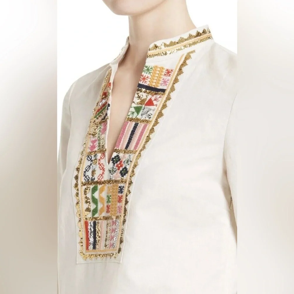 NWT $450 Tory Burch Embellished Linen-blend Tunic Blouse